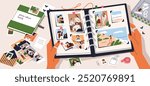 Photo album, memory collection. Family pictures, personal shots, happy moments on open scrapbook pages. Hands holding photograph book, organizing snapshots, images in diary. Flat vector illustration