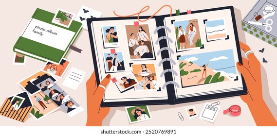 Photo album, memory collection. Family pictures, personal shots, happy moments on open scrapbook pages. Hands holding photograph book, organizing snapshots, images in diary. Flat vector illustration