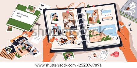 Photo album, memory collection. Family pictures, personal shots, happy moments on open scrapbook pages. Hands holding photograph book, organizing snapshots, images in diary. Flat vector illustration