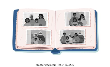 Photo album with old retro family photos. Photos cliparts. Family, genealogy, generation and memories concepts background. Vector illustration in flat style.