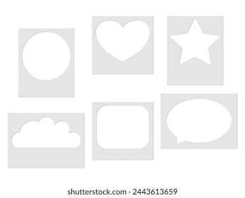 Photo album template. Fun "palaroid" frames of different shapes: heart, cloud, star, for fun collages. Frames empty inside for photos to be inserted. Isolated on a white background. Vector.