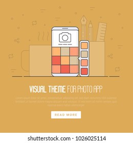 Photo app development concept: visual theme on smartphone, icon for application with camera. Cup of coffee and pencils on background. Thin line vector illustration.