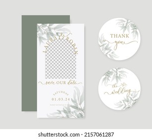 Photo Arch Greenery Wedding Save The Date Bookmark. Luxury Arch Wedding Invitation Card Background With Green Watercolor Botanical Leaves.
