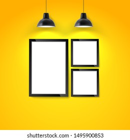 Photo art gallery mockup. Picture frame on yellow wall with hanging lamp. Blank photo frame or poster template.