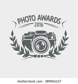 Photo awards label with camera and the branches.