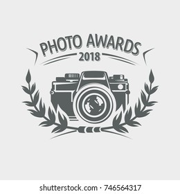 Photo Awards Label With Camera And The Branches For Annual Photo Competition In Grey Color.