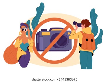 Photo ban concept. Man and woman with camera near signboard. Private property and stop for paparazzi and photographers, journalists. Cartoon flat vector illustration isolated on white background