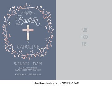 Photo Baptism/Christening/First Communion/Confirmation Invitation with Watercolor Cross and Floral Wreath Design - Vector