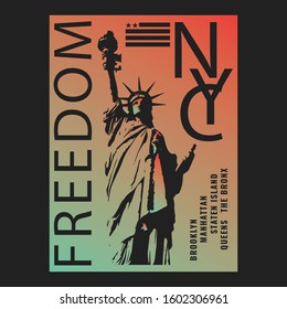 Photo based and Typographic illustration of statue of liberty and new york theme, tee shirt graphics, print.
