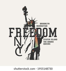 Photo based and Typographic illustration of statue of liberty and new york theme, tee shirt graphics, print.
