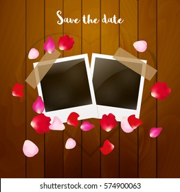 Photo blank frame template card. Romantic valentine love celebration illustration. Rose petals design card