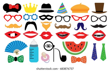 Colección de accesorios de cabina de fotos. Props retro grupo de fiesta. La gente se enfrenta a una farsa. Temas para una sesión de fotos. Juego de animación infantil. Mustache de ilustración vectorial, gafas, sombrero, monóculo