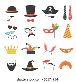 Photo booth birthday and party set with hat, mask, costume, glasses and beard.