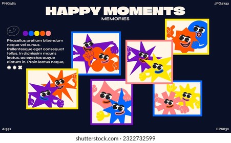 Photo booth photo cards of happy character friends, remembrance. Cartoon groovy style, abstract geometric shapes