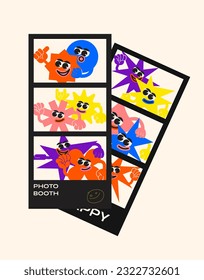 Photo booth photo cards of happy character friends, remembrance. Cartoon groovy style, abstract geometric shapes