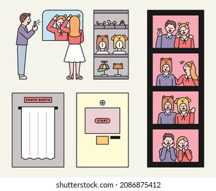 Photo booth, couples are taking instant photos. Cute wig and playful pose. flat design style vector illustration.