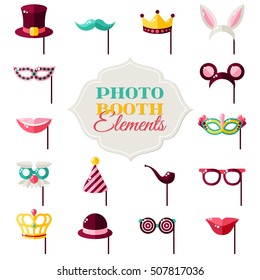 Photo Booth Elements Isolated on White Background. Vector illustration. Rabbit Ears, Detective Hat and Pipe, Carnival Masks, Smiling Lips, Princess Crown.