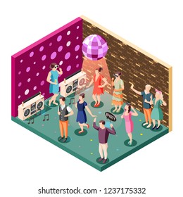 Photo booth event celebration isometric composition with disco ball party speakers and people holding props vector illustration