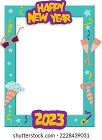 Photo Booth Frame Concept Happy New Year 2023 Turquoise Yellow and Purple Color in Vector