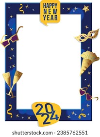 Photo Booth Frame Concept Happy New Year 2023 Turquoise Yellow and Purple Color in Vector