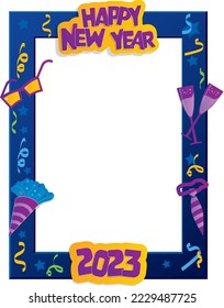 Photo booth frame vector Happy New Year blue, yellow and purple color. New year 2023 concept