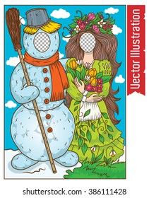 Photo booth with the image of a snowman and spring. Vector illustration.