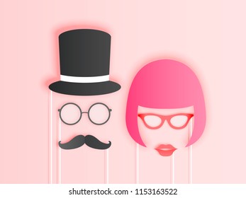 Photo booth items for couple in paper art style with pastel color scheme vector illustration