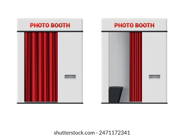 Photo booth machine with open and closed curtains set realistic vector illustration. Photography picture manufacturing kiosk fast vending selfie image instant cabin with camera for shooting