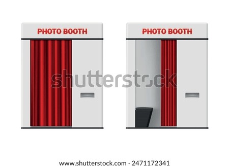 Photo booth machine with open and closed curtains set realistic vector illustration. Photography picture manufacturing kiosk fast vending selfie image instant cabin with camera for shooting