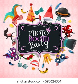 Photo booth party background with vintage invitation plate and frame consisting of carnival props cartoon icons vector illustration