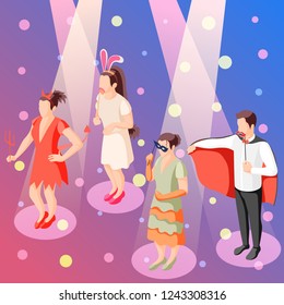 Photo booth party celebration accessories isometric festive background poster with people holding props in spotlights vector illustration