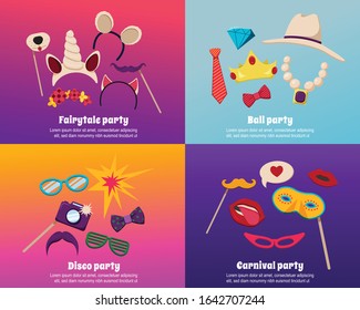 Photo booth party concept icons set with disco symbols flat isolated vector illustration