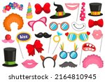 Photo booth party elements set. Funny face masks, glasses, vintage party hats and birthday costume, mustache, ears isolated on white background. Vector illustration