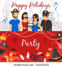 Photo booth party horizontal banners set with people flat isolated vector illustration 