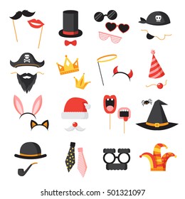 Photo booth party icons set with ears beard and glasses flat isolated vector illustration 