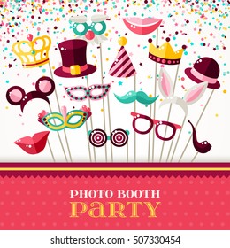 Photo Booth Party Invitation Concept. Border with Carnival Masks and Falling Confetti on White Background. Vector illustration.