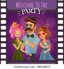 Photo booth party invitation in form of frame of photographic film with happy cartoon people dressed in carnival costumes vector illustration