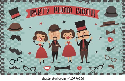 Photo booth party invitations, vintage design. Best accessories for party. Vector