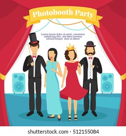 Photo booth party with people stage music and curtains flat vector illustration 