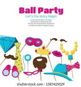 Photo booth party poster with ball party symbols flat vector illustration