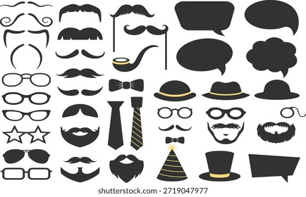 Photo Booth Party apoya las siluetas de Vector. Colección de bigote, gafas, sombreros, barbas y burbujas de discurso para la celebración y la decoración del evento