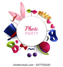 Photo booth party round composition with realistic images of masquerade costume colourful essential elements and text vector illustration