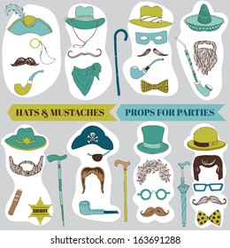 Photo Booth Party set - Glasses, hats, lips, mustache, masks - in vector