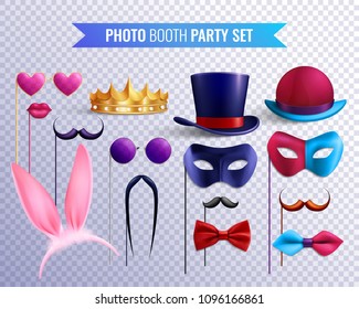 Photo booth party transparent set of isolated stickers masks and hats with moustache and glasses images vector illustration