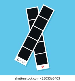 Photo booth picture frames. Photo strips decorated with red heart and word Love. Vector illustration