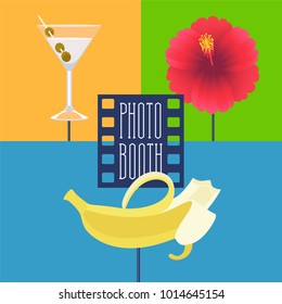 Photo booth printable props collection for tropical party vector illustration. Funny icons for banana, cocktails and flower for making exotic style photo booth collage
