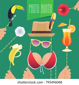 Photo booth printable props collection for tropical party vector illustration. Colorful icons for banana, cocktails and flower for making exotic style funny photo booth collage 