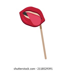 Photo booth prop with red female lips and tongue flat icon vector illustration