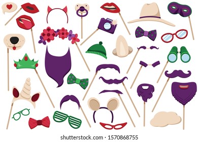 Photo booth props accessories flat icons collection with lips hats glasses party vacation objects isolated vector illustration 