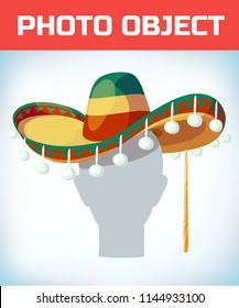 Photo booth Props. Birthday and Party Accessories. Can used for wedding and dates. Sombrero Mexican hat. Masquerade costume headdress. Carnival or Halloween mask. Cartoon Vector illustration.